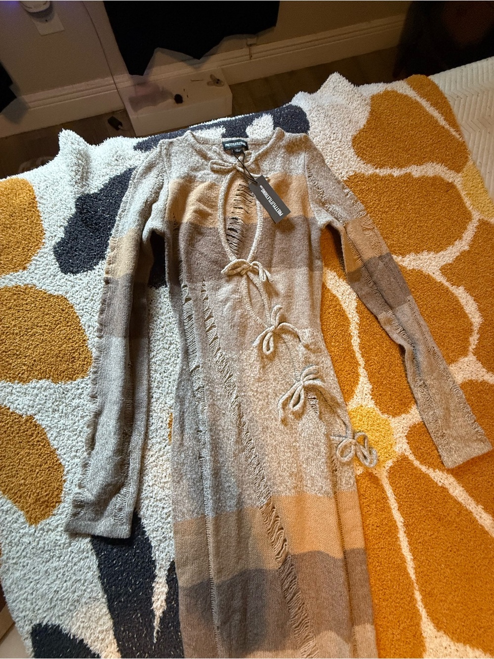 PrettyLittleThing Beige and Brown Distressed Tie-Detail Knit Dress